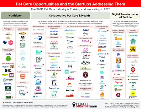A 2020 map of more than 100 startups in pet care and the opportunities they're addressing.